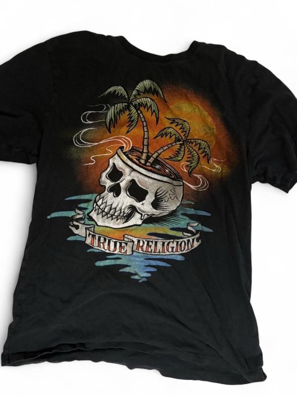 True Religion Black Short-Sleeve Tee with Skull & Palm Tree Graphic